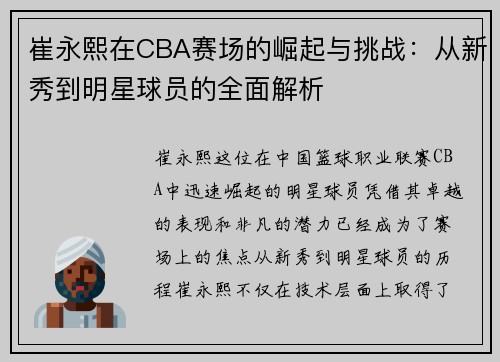 崔永熙在CBA赛场的崛起与挑战：从新秀到明星球员的全面解析